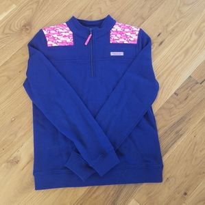 Vineyard Vines 3/4 zip navy and pink sweatshirt with whale details